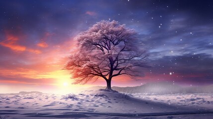 Beautiful tree in winter landscape in late evening in snowfall Generative AI
