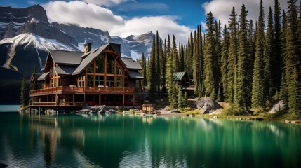 Fototapeta na wymiar Emerald Lake Lodge is the only property on secluded Emerald Lake,surrounded by breathtaking Rocky Mountains Generative AI