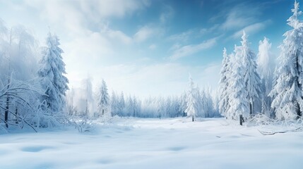 Frosty winter landscape in snowy forest. Christmas background with fir trees and blurred background of winter Generative AI - obrazy, fototapety, plakaty