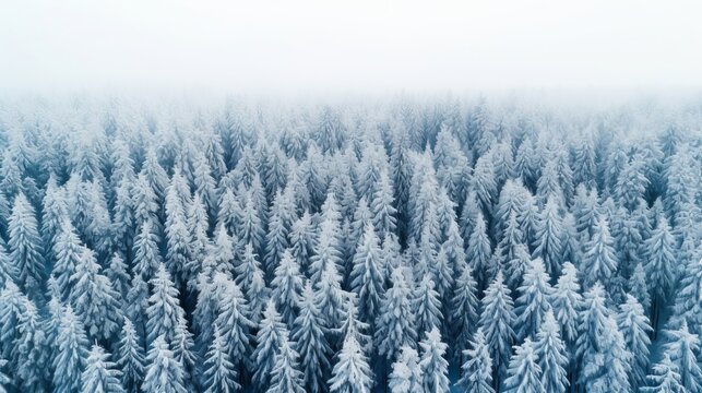 Drone photo of snow covered evergreen trees after a winter blizzard in Lithuania Generative AI