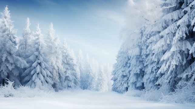 Frosty winter landscape in snowy forest. Christmas background with fir trees and blurred background of winter Generative AI