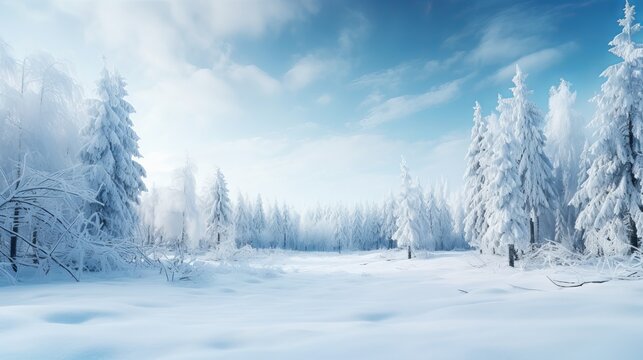 Frosty winter landscape in snowy forest. Christmas background with fir trees and blurred background of winter Generative AI