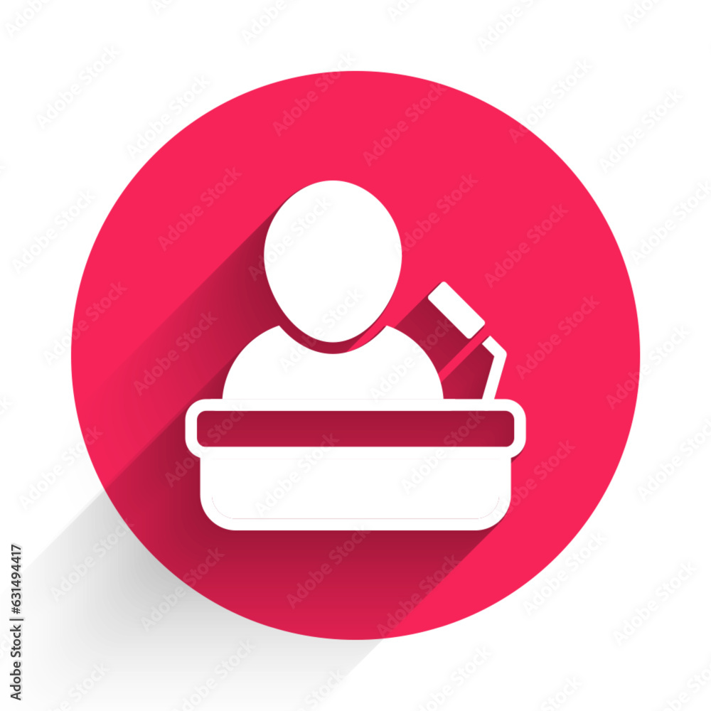 Poster white speaker icon isolated with long shadow. orator speaking from tribune. public speech. person on