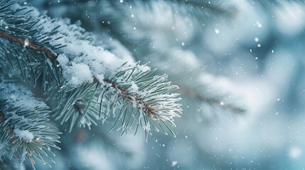 Snow fall in winter forest. Christmas new year magic. Blue spruce fir tree branches detail Generative AI