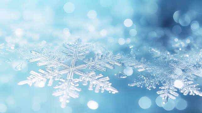 Snow in winter close-up. Macro image of snowflakes, winter holiday background Generative AI