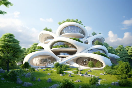 Futuristic architecture, sustainable building design, painted in white. High quality photo