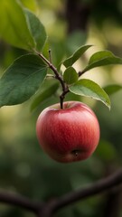 Rural garden. In the frame ripe red apples on a tree. It's raining Photographed in india , generative ai