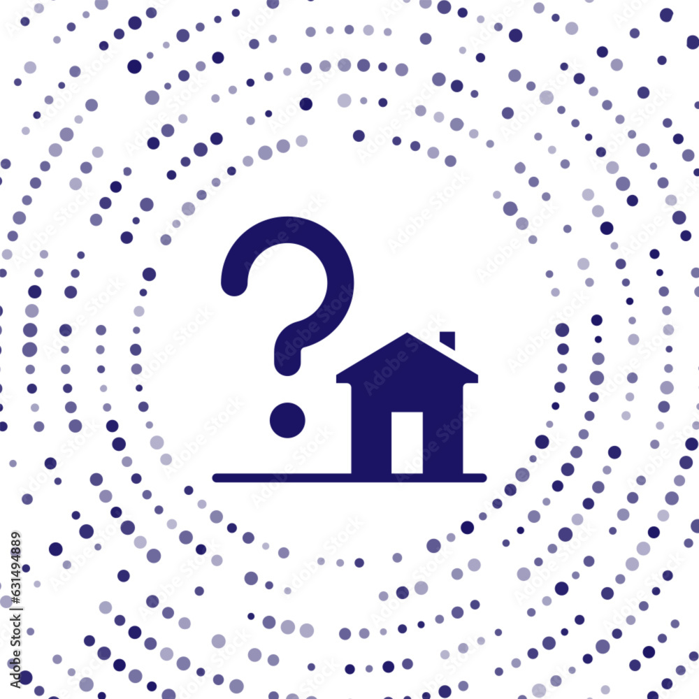 Poster blue house with question mark icon isolated on white background. housing problems, questions. abstra