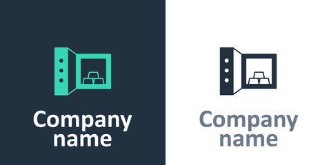 Logotype Safe with gold bars icon isolated on white background. Precious metals on deposit in bank. Metallic treasury. Reliable data protection. Logo design template element. Vector