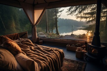 Fototapeta premium Hotel rural con vistas a un precioso lago al atardecer, chimenea de leña en el interior de un glamping, tienda de campaña de lujo al amanecer 