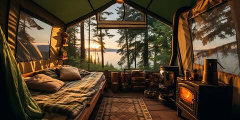 Interior de tienda de campaña con estufa de leña con vistas a la naturaleza, camping al amanecer en la naturaleza, cabaña con sofá en mitad del bosque - obrazy, fototapety, plakaty