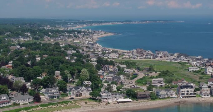 Drone filming us east coastline with beaches and cities in scituate