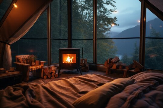 Acogedora caba&ntilde;a con vistas a la naturaleza, caba&ntilde;a con chimenea en mistad del bosque, chimenea encendida en el interior de una tienda de campa&ntilde;a de lujo, glamping en el lago