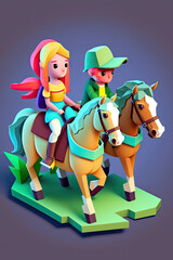 Cute Isometric Boy and Girl Horse Riding