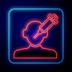 Glowing neon Addiction to the drug icon isolated on black background. Heroin, narcotic, addiction, illegal. Sick junkie with a syringe and medical pills. Vector