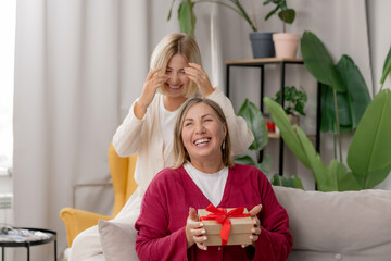 Lifestyle Adult daughter gives gift to happy elderly parent mother in living room. Concept family...
