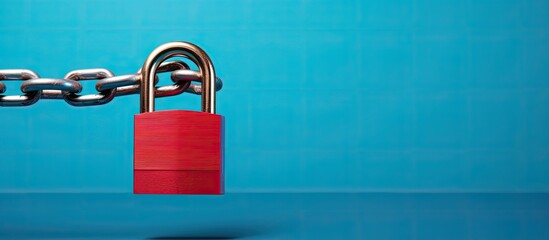 Safety Concept: A red chain and padlock on a blue background symbolize safety. - Powered by Adobe