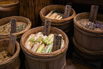 Various pickled vegetables at Nishiki market, Kyoto, Japan