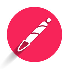 White Marijuana joint, spliff icon isolated with long shadow background. Cigarette with drug, marijuana cigarette rolled. Red circle button. Vector