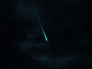Bright green meteor among stars in the sky. Meteor flash at night. Beautiful meteorite in the atmosphere.