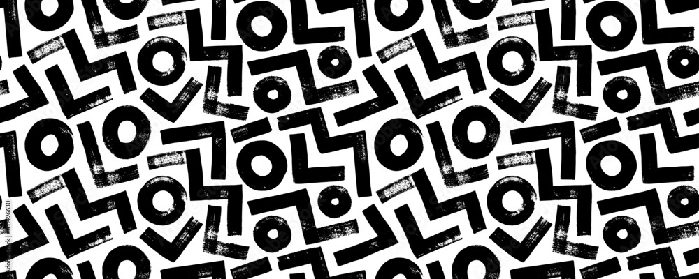 Poster Abstract geometric pattern with zigzags, triangular lines and circles. Brush drawn bold geometric shapes with grunge texture. Vector creative banner background with simple shapes and figures.