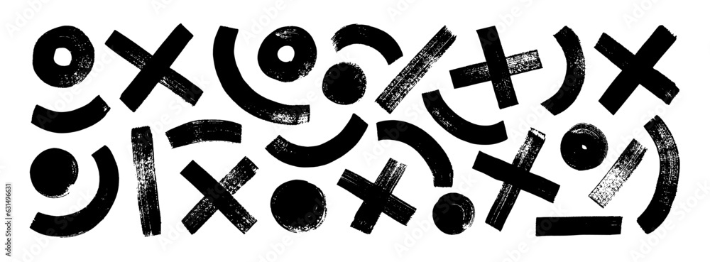 Poster collection bold brush drawn geometric shapes like circles or dots, crosses and arches. hand drawn is