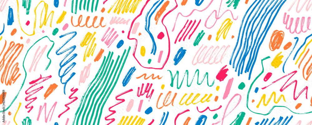 Aufkleber Colorful seamless pattern with charcoal scribbles, swirls and squiggles. Hand drawn childish rough crayon vector strokes. Grunge doodle background with multi colored various simple curved lines.