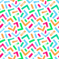 Multi colored triangle seamless pattern. Hand drawn geometric colorful brush strokes. Thick vector lines with scuffs. Brush drawn bold geometric triangle lines. Abstract grunge modern background.
