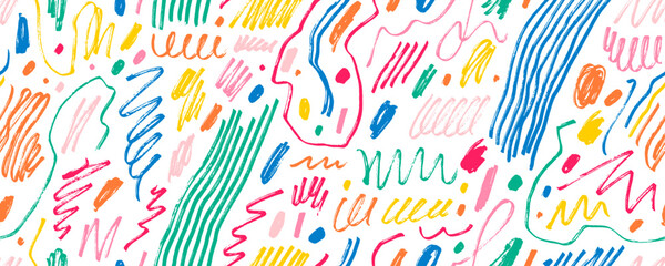 Colorful seamless pattern with charcoal scribbles, swirls and squiggles. Hand drawn childish rough crayon vector strokes. Grunge doodle background with multi colored various simple curved lines. © Anastasiia Hevko