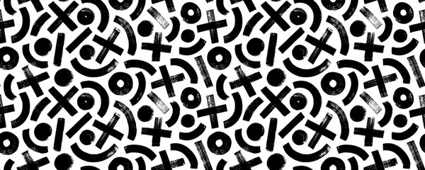 Seamless pattern with brush drawn arches, x and circles. Contemporary vector geometric ornament with simple forms. Banner background with grunge crosses, dots and semi circles. Geometric shapes.