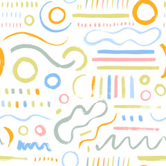 Obraz premium Creative abstract squiggle style drawing multi colored background. Brush drawn various shapes seamless pattern. Simple childish scribble ornament. Creative abstract different doodles and shapes.