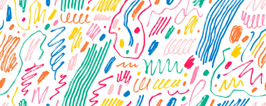 Colorful seamless pattern with charcoal scribbles, swirls and squiggles. Hand drawn childish rough crayon vector strokes. Grunge doodle background with multi colored various simple curved lines.