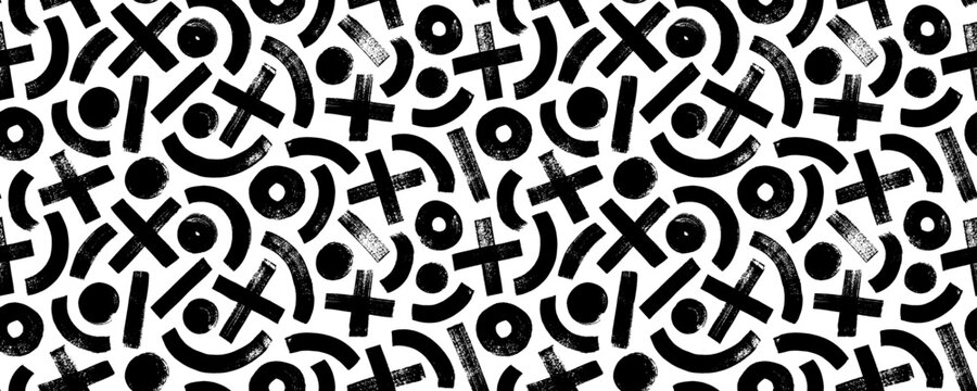 Seamless pattern with brush drawn arches, x and circles. Contemporary vector geometric ornament with simple forms. Banner background with grunge crosses, dots and semi circles. Geometric shapes.
