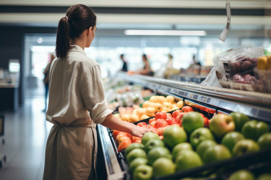 Unrecognizable woman buying foods in modern supermarket, cashier beeping them