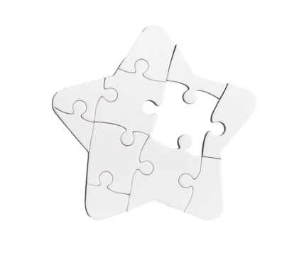 Star shaped puzzle with missing lacking piece isolated on white background