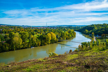 Germany, Stuttgart panorama view max eyth see, lake water neckar river bridge beautiful houses  autumn nature landscape sun television tower