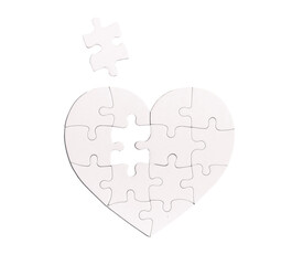 Heart shaped puzzle with missing lacking piece isolated on white background. Love problems concept