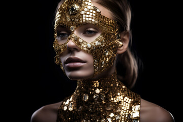 A beautiful young woman made from gold and diamonds, studio lighting. Generative AI
