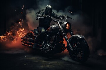 Plakat Skeleton Riding on Motorcycle. Generative AI