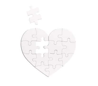 Heart shaped puzzle with missing lacking piece isolated on white background. Love problems concept