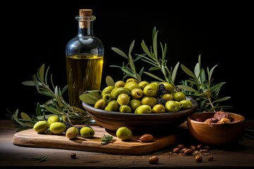 Olive Oil Bottle with Olives and Leaves. Generative AI