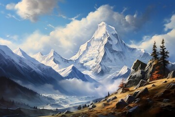 Snowy Mountain Peak Painting under Clear Sky. Generative AI