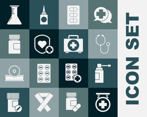 Set Hospital signboard, Medical bottle with nozzle spray, Stethoscope, Pills in blister pack, Shield and heart rate, Medicine, Test tube flask and First aid kit icon. Vector