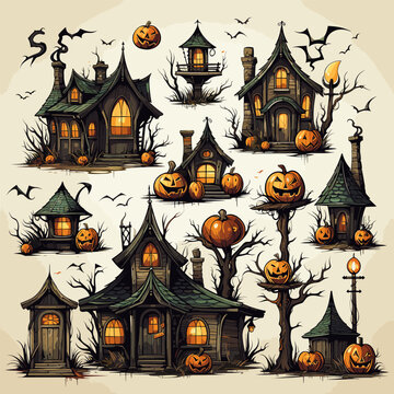 Set of cute pumpkin and old house elements, Halloween holiday.