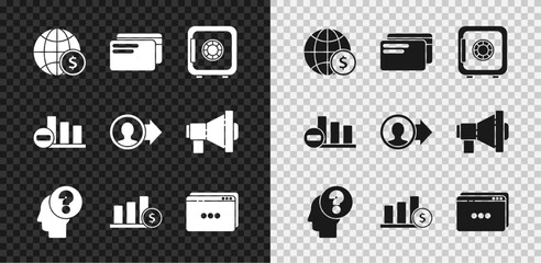 Set Earth globe with dollar, Credit card, Safe, Human head question mark, Pie chart infographic and, Website template, and Job promotion icon. Vector