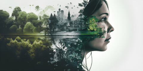 Human and nature collage. Environment pollution. Ecology concept collage. Nature Background. Mother Nature. AI generative