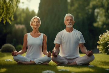 Fototapeta na wymiar Senior Couple Doing Yoga in the Lotus Position on a Green Lawn