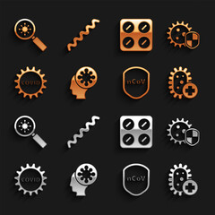 Set Human and virus, Shield protecting from, Positive, Corona covid-19, Pills blister pack, Virus under magnifying glass and icon. Vector