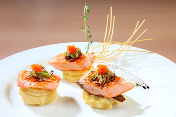 delicious grilled fresh salmon seafood w mash potato and mushroom in white plate on brown background premium western cafe halal food menu for restaurant