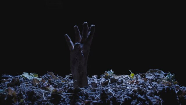 The hand of a dead zombie crawls out of the ground of the grave